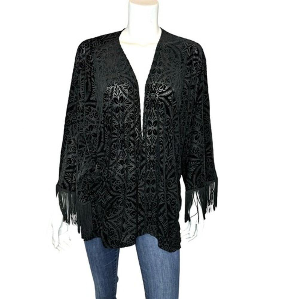 NEW Vintage Y2K Cache Black Demask Floral Burnout Velvet Tassel Sleeve Duster SM